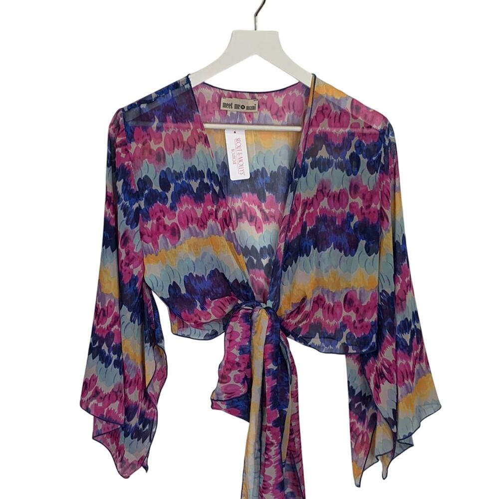 Meet Me In Miami Havana Tie Front Pink Blue Sheer Top New w tag W-530 One Size
